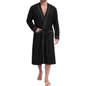 image:imagePrinStory Mens Lightweight Robe Soft Knit Kimono Long Bathrobe LoungewearBlack