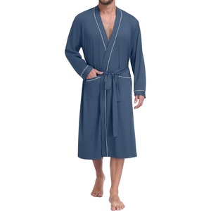 image:imagePrinStory Mens Lightweight Robe Soft Knit Kimono Long Bathrobe LoungewearGray Blue