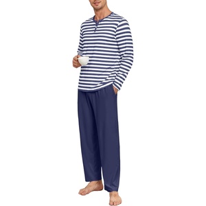 image:imagePrinStory Mens Pajamas Set Long Sleeve Henley Pjs S3XLDark Blue Stripe