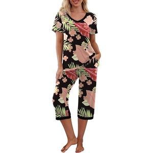 image:imagePrinStory Womens Pajama Sets Capri Pjs Soft Lounge Sets S4XLFpblack Banana Leaf