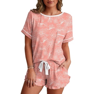 image:imagePrinStory Womens Pajama Sets Cute Pjs Short Sleeve Top Ruffle ShortsFppink Sunflower