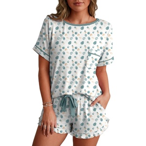 image:imagePrinStory Womens Pajama Sets Cute Pjs Short Sleeve Top Ruffle ShortsFpwhite Color Block