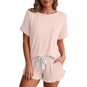 image:imagePrinStory Womens Pajama Sets Cute Pjs Short Sleeve Top Ruffle ShortsTender Pink