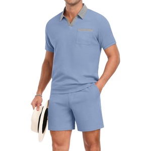 image:imagePrinStory Mens 2 Piece Polo Shirt and Shorts Set Waffle Suits S2XLBlue