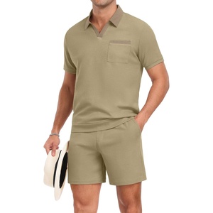 image:imagePrinStory Mens 2 Piece Polo Shirt and Shorts Set Waffle Suits S2XLKhaki