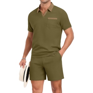 image:imagePrinStory Mens 2 Piece Polo Shirt and Shorts Set Waffle Suits S2XLOlive Green