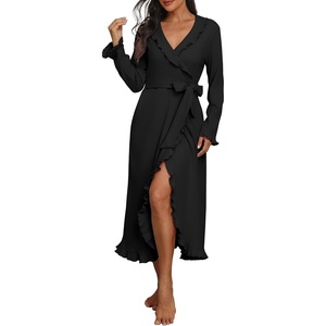 image:imagePrinStory Womens Robe Fleece Ruffle Warm Long BathrobeBlack