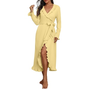 image:imagePrinStory Womens Robe Fleece Ruffle Warm Long BathrobeButter Yellow