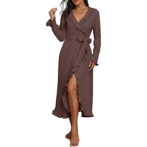 image:imagePrinStory Womens Robe Fleece Ruffle Warm Long BathrobeDark Coffee