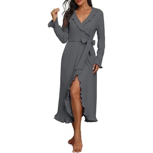 image:imagePrinStory Womens Robe Fleece Ruffle Warm Long BathrobeDark Gray