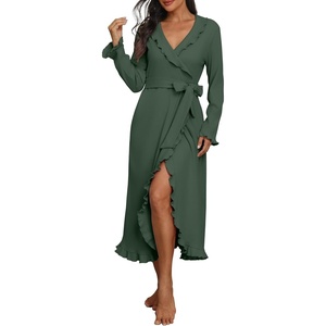 image:imagePrinStory Womens Robe Fleece Ruffle Warm Long BathrobeDark Green