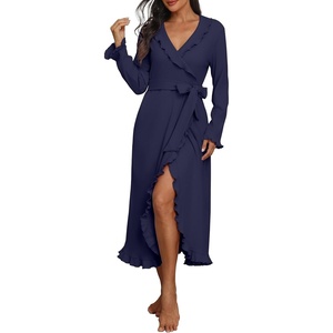 image:imagePrinStory Womens Robe Fleece Ruffle Warm Long BathrobeNavy Blue