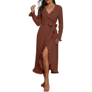 image:imagePrinStory Womens Robe Fleece Ruffle Warm Long BathrobeRed Brown