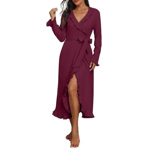 image:imagePrinStory Womens Robe Fleece Ruffle Warm Long BathrobeWine Red
