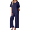image:imagePrinStory Womens Short Sleeve Pajamas Lace Pjs SetNavy Blue