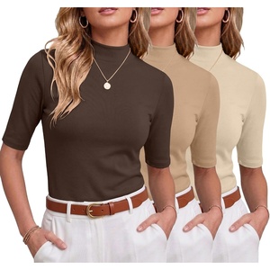 image:image3 Pack Womens Mock Neck Half Sleeve Tops Dressy Casual Basic Shirts S2XLDark Brown  Camel  Apricot