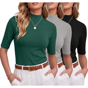 image:image3 Pack Womens Mock Neck Half Sleeve Tops Dressy Casual Basic Shirts S2XLDark Green  Grey  Black