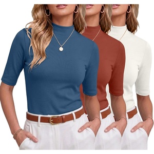 image:image3 Pack Womens Mock Neck Half Sleeve Tops Dressy Casual Basic Shirts S2XLDenim Blue  Caramel  Ivory White
