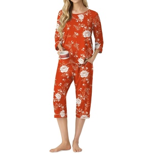 image:imagePrinStory Womens Pajama Sets Capri Pjs Soft Lounge Sets XS4XLFporange Red Peony