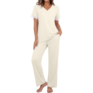 image:imagePrinStory Womens Short Sleeve Pajamas Lace Pjs SetBeige Apricot