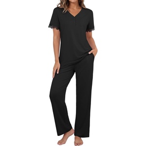 image:imagePrinStory Womens Short Sleeve Pajamas Lace Pjs SetBlack