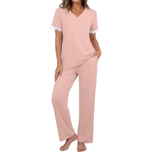 image:imagePrinStory Womens Short Sleeve Pajamas Lace Pjs SetDusty Pink