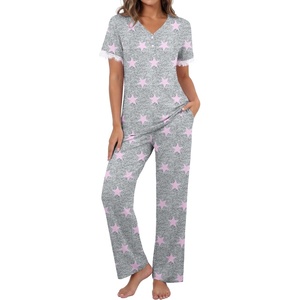 image:imagePrinStory Womens Short Sleeve Pajamas Lace Pjs SetFppink Star