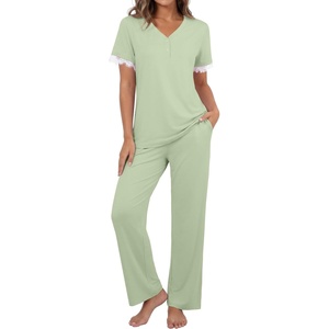 image:imagePrinStory Womens Short Sleeve Pajamas Lace Pjs SetGreen