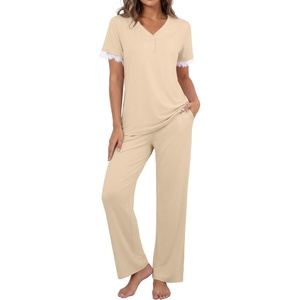 image:imagePrinStory Womens Short Sleeve Pajamas Lace Pjs SetLight Apricot