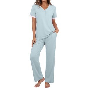image:imagePrinStory Womens Short Sleeve Pajamas Lace Pjs SetLight Blue