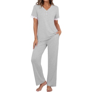 image:imagePrinStory Womens Short Sleeve Pajamas Lace Pjs SetLight Gray