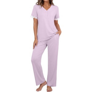 image:imagePrinStory Womens Short Sleeve Pajamas Lace Pjs SetLight Purple