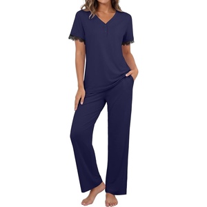 image:imagePrinStory Womens Short Sleeve Pajamas Lace Pjs SetNavy Blue