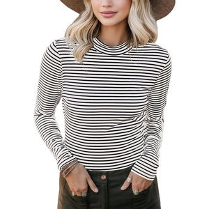 image:imagePrinStory Womens Tops Long Sleeve Shirts Slim Fit Business Dressy Casual Pullover Tee for 2025 TrendyFp Black White Stripe