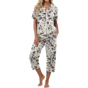 image:imagePrinStory Capri Pajamas for Womens Button Down PjsFpapricot Floral Leaf