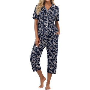 image:imagePrinStory Capri Pajamas for Womens Button Down PjsFpblue Cashew Flower
