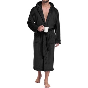 image:imagePrinStory Mens Hooded Robe Plush Fleece Robes Soft Long BathrobeBlack