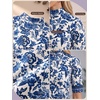image:imagePrinStory Womens Tops Mock Neck Short Sleeve T Shirts Dressy Casual Ribbed Knit Slim Fit Summer Business Going Out Tops 2026B01 White Blue Flower Branch