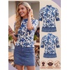 image:imagePrinStory Womens Tops Mock Neck Short Sleeve T Shirts Dressy Casual Ribbed Knit Slim Fit Summer Business Going Out Tops 2026B01 White Blue Flower Branch