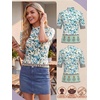 image:imagePrinStory Womens Tops Mock Neck Short Sleeve T Shirts Dressy Casual Ribbed Knit Slim Fit Summer Business Going Out Tops 2026B18 Green Rose Ethnic
