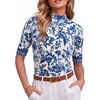 image:imagePrinStory Womens Tops Mock Neck Short Sleeve T Shirts Dressy Casual Ribbed Knit Slim Fit Summer Business Going Out Tops 2026B01 White Blue Flower Branch