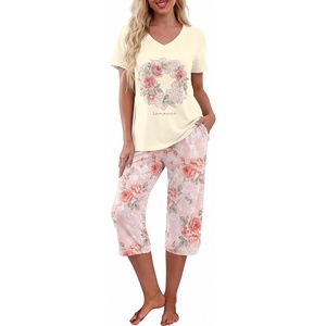image:imagePrinStory Womens Pajama Sets Capri Pjs Soft Lounge Sets S4XLFpbeige Retro Rose