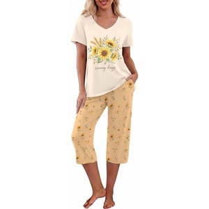 image:imagePrinStory Womens Pajama Sets Capri Pjs Soft Lounge Sets S4XLFpbeige Sunflower