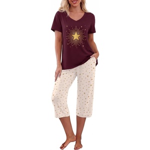 image:imagePrinStory Womens Pajama Sets Capri Pjs Soft Lounge Sets S4XLFpburgundy Stars