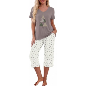 image:imagePrinStory Womens Pajama Sets Capri Pjs Soft Lounge Sets S4XLFpgray Geo Pine Tree