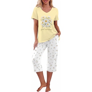 image:imagePrinStory Womens Pajama Sets Capri Pjs Soft Lounge Sets S4XLFplight Yellow Daisy