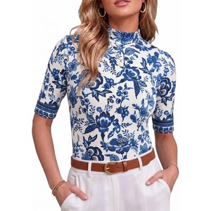 image:imagePrinStory Womens Tops Mock Neck Short Sleeve T Shirts Dressy Casual Ribbed Knit Slim Fit Summer Business Going Out Tops 2026B01 White Blue Flower Branch