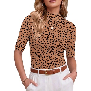 image:imagePrinStory Womens Tops Mock Neck Short Sleeve T Shirts Dressy Casual Ribbed Knit Slim Fit Summer Business Going Out Tops 2026B06 Leopard Pink