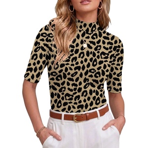 image:imagePrinStory Womens Tops Mock Neck Short Sleeve T Shirts Dressy Casual Ribbed Knit Slim Fit Summer Business Going Out Tops 2026B07 Twotone Leopard Khaki