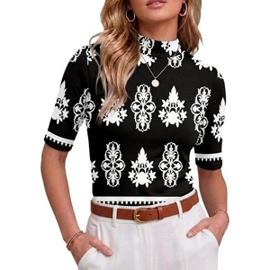 image:imagePrinStory Womens Tops Mock Neck Short Sleeve T Shirts Dressy Casual Ribbed Knit Slim Fit Summer Business Going Out Tops 2026B09 Black Baroque